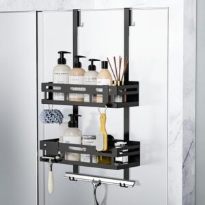 Duschregal zum Hängen für Glasduschtüren, Duschablage ohne Bohren oder Kleben, mit 2 Duschkörben und 4 festen Haken, ideal für ein perfektes Badezimmer-Zubehör