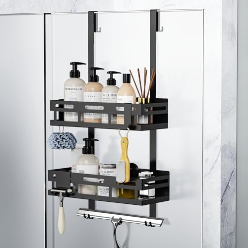 Duschregal zum Hängen für Glasduschtüren, Duschablage ohne Bohren oder Kleben, mit 2 Duschkörben und 4 festen Haken, ideal für ein perfektes Badezimmer-Zubehör