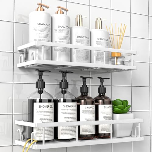 Wasserdichter Duschregal ohne Bohren, 2 Stück Badezimmer Regal Organizer für Shampoo und Duschgel Halterung in Weiß