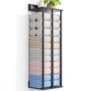 WeGXY Handtuchhalter Wand Schwarz: Große Kapazität Badezimmer Organizer für gerollte Handtücher und Handtuchaufbewahrung mit stabiler Wandmontage.