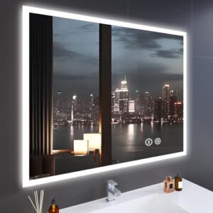 Luxus Badspiegel mit LED Beleuchtung 100x80cm, Badezimmer Spiegel mit Touchschalter und Explosionsgeschütztem Glas