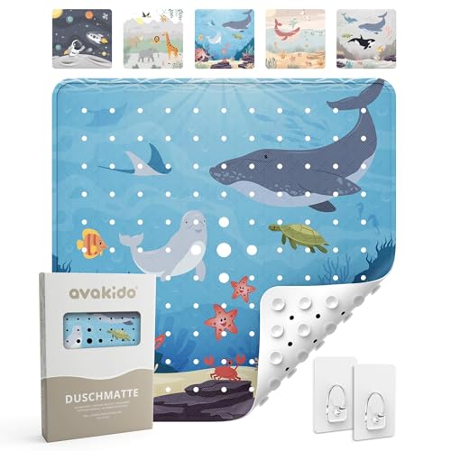 Duschmatte für Kinder, rutschfest und 100% BPA frei, inklusive 2 Haken zum Trocknen, schimmelresistent und maschinenwaschbar