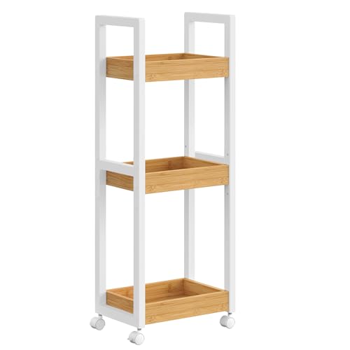 Badezimmerregal mit 3 Ebenen und Bambus-Design in weißen Farben, platzsparend für enge Räume