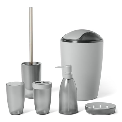 Badezimmerzubehör-Set mit Zahnbürstenhalter, Seifenspender, Seifenschale, Becher, Mülleimer und Toilettenbürste in Grau von Amazon Basics