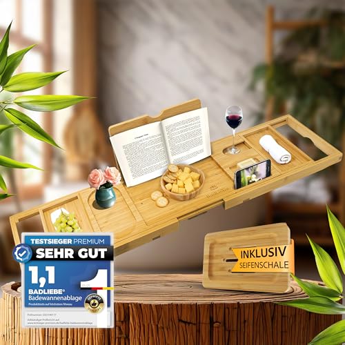 BadLiebe Badewannenbrett aus FSC-Bambusholz - inkl. Seifenschale - rutschfest & Wasserfest - Badewannenablage für Tablett, Buch & Wein - Perfekt für Wellness, Spa & Entspannung