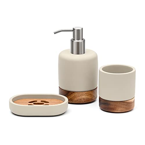 Badezimmer-Zubehör-Set aus Holz, 3-teiliges Bad Accessoires-Set mit Seifenspender, Seifenschale und Zahnbürstenhalter für ein modernes Badezimmer