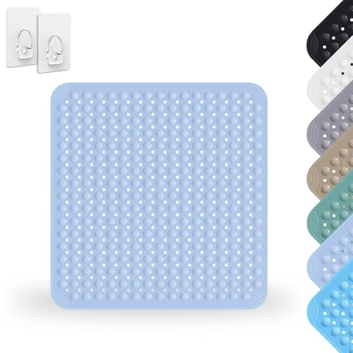 Duschmatte rutschfest 80 x 80 cm, Duscheinlage rutschfest, Antirutschmatte Dusche, Rutschmatte aus PVC, Badewannenmatte Rutschmatte, Waschmaschinenfest, für Sauna, inkl. 2 Haken, Hellblau