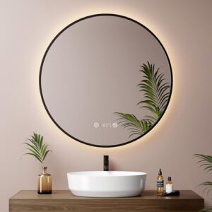EMKE LED Badspiegel Rund Spiegel mit Beleuchtung f70cm Badezimmer-Spiegel Schwarzer Rand mit Touch, Antibeschlagfunktion, Uhr, Temperatur- und Dimm-Funktion für ein elegantes Bad