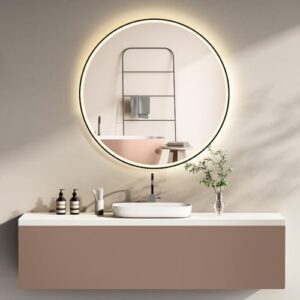 HOKO Design Badspiegel rund 60 cm Helsinki mit Energiesparend LED Beleuchtung und Metall Rahmen Schwarz. Touch Schalter, Lichtfarbe Wechsel-Warmweiß-Kaltweiß-Neutral