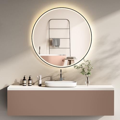 HOKO Design Badspiegel rund 60 cm Helsinki mit Energiesparend LED Beleuchtung und Metall Rahmen Schwarz. Touch Schalter, Lichtfarbe Wechsel-Warmweiß-Kaltweiß-Neutral