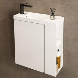 Waschbecken mit Unterschrank 55 cm, Badmöbel Set mit zwei seitlichen Ablagen und Haken, vormontiertes Waschbecken-Unterschrank für Bäder und Gäste-WC (Mattweiß)