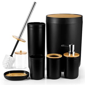 JOTOM 7-teiliges Bambus-Badezimmer-Zubehör-Set aus luxuriösem Kunststoff, Badzubehör-Set, Zahnbürstenhalter, Becher, WC-Bürste, Qtip Halter, Seifenschale, Mülleimer, Seifenspender (schwarz)