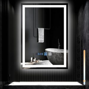 Murscher LED Badezimmerspiegel mit Touch-Schalter und Uhr - 50x70 cm Wandspiegel Bad Badspiegel mit Beleuchtung, IP44, Entfogger-Funktion, Licht Dimmbar 3000K-6500K