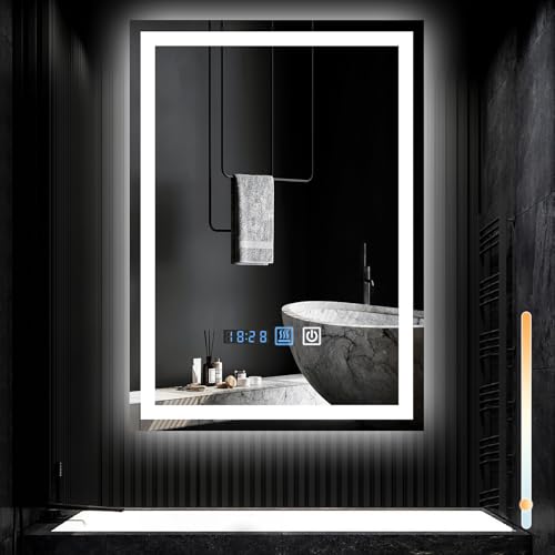 Murscher LED Badezimmerspiegel mit Touch-Schalter und Uhr - 50x70 cm Wandspiegel Bad Badspiegel mit Beleuchtung, IP44, Entfogger-Funktion, Licht Dimmbar 3000K-6500K