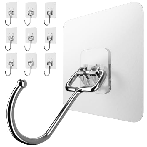 Menz Klebehaken extra-stark - 10er-Set selbstklebende Haken transparent mit je 15 kg Tragkraft, 180° drehbare Kleiderhaken selbstklebend für Küche, Bad, Deko