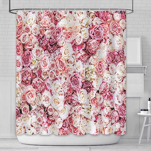 AIBIIN rosa Blumen Duschvorhang, 180 x 180 cm, wasserdicht und langlebig, ideal fuer Hochzeit oder Baby-Shower in Badewanne