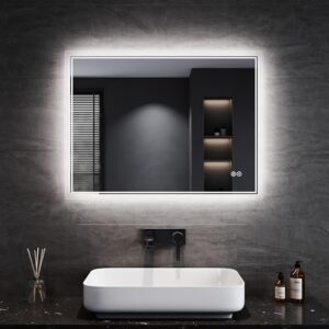 Badezimmerspiegel mit Beleuchtung, Lichtspiegel mit Touch-Schalter und drei einstellbaren Lichtfarben, umweltfreundlich und energiesparend, ideal für Bäder und WCs