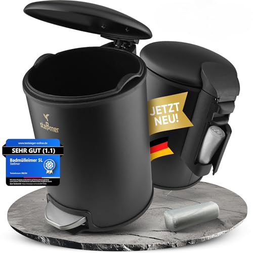 STESSMER Badezimmer Mülleimer klein schwarz matt 5 Liter - geruchsdichter kleiner Mülleimer Bad, Treteimer 5l + Deckel, Beutelfach, rutschfest, Soft-Close, Badmülleimer 5l/Kosmetikeimer schwarz für WC