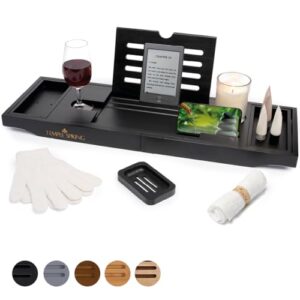 Luxuriöse Badewannenablage aus nachhaltigem Bambus für ein stilvolles Badezimmer, Hochwertiges Design, Anpassbare Passform und wasserabweisende Beschichtung.