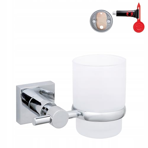 Tesa Hukk Zahnputzbecher mit Halterung - Becher aus satiniertem Glas, verchromte Wandhalterung, zur Wandbefestigung ohne Bohren, inklusive Klebelösung