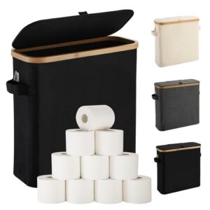 Toilettenpapier Aufbewahrung Korb mit Deckel aus Bambus für Mega Toilettenpapier, Toilettenpapier Stehend Klopapier Aufbewahrung Box Bad WC-Papier Badezimmer Organizer, Ersatzrollenhalter, Schwarz
