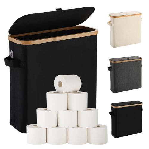 Toilettenpapier Aufbewahrung Korb mit Deckel aus Bambus für Mega Toilettenpapier, Toilettenpapier Stehend Klopapier Aufbewahrung Box Bad WC-Papier Badezimmer Organizer, Ersatzrollenhalter, Schwarz