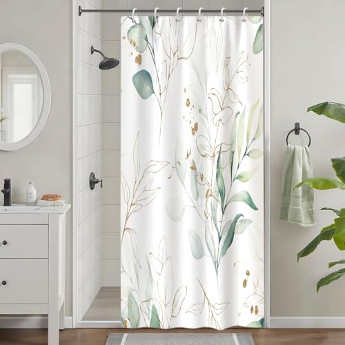 Uiiooazy Duschvorhang 90x180cm, Duschvorhang Schmal Eukalyptus Grüne Blätter Anti Schimmel Gold Aquarell Pflanzen Klein Duschvorhänge Wasserdicht Stoff Waschbar Bad Vorhang mit 6 Haken für Badezimmer
