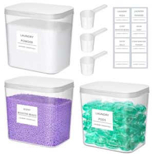 Wäsche Pods Behälter mit Etiketten und Löffeln, Waschpulverbehälter mit Druckverschluss für Aufbewahrung und Organisation von Waschmittel, Perlen und Duft-Booster im Wäschezimmer