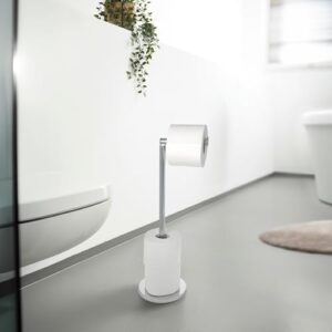 WENKO Stand Toilettenpapierhalter 2-in-1, platzsparender Rollenhalter aus Edelstahl für bis zu 4 Ersatzrollen in modernem Badezimmer mit weißem Sink und Spiegel