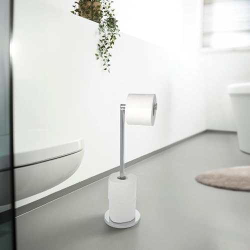WENKO Stand Toilettenpapierhalter 2-in-1, platzsparender Rollenhalter aus Edelstahl für bis zu 4 Ersatzrollen in modernem Badezimmer mit weißem Sink und Spiegel