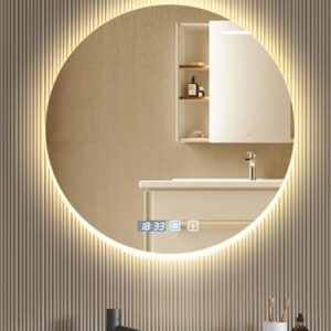 Badspiegel Rund mit Beleuchtung 60cm Diameter, Spiegel mit Beleuchtung Bad, wowspeed Badspiegel Rund, LED-Beleuchtung, Dimmfunktion, drei Lichtfarben