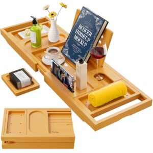 Badewannenablage Bambus Faltbares, 41 Fuß Badewannentablett einziehbar und verstellbar mit Buchstützen, Seifenhalter, Handtuchhalter und Weinglashalter