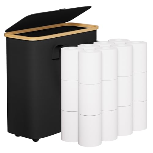 Yorbay 30L Toilettenpapier Aufbewahrung Korb mit Deckel, faltbarer Klopapier Aufbewahrung für 12-16 Rollen Klopapier, Bambus Toilet Paper Organizer für Badezimmer, enge Räume, Schwarz