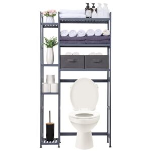 Bambus-Regal mit 2 Körben, verstellbares Badregal für Badezimmer, Wasserdichtes Fußpolster, Multifunktionales Toilettenregal in Grau