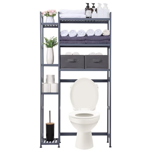 Bambus-Regal mit 2 Körben, verstellbares Badregal für Badezimmer, Wasserdichtes Fußpolster, Multifunktionales Toilettenregal in Grau