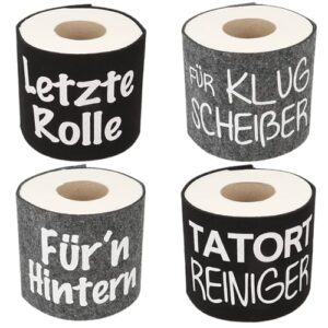 Toilettenpapierbanderolen mit lustigen Sprüchen, 4er Set, Klopapierverstecker für das WC, humorvolle Coverrollen für die Toilette, Filzhülle