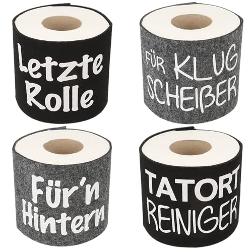 Toilettenpapierbanderolen mit lustigen Sprüchen, 4er Set, Klopapierverstecker für das WC, humorvolle Coverrollen für die Toilette, Filzhülle