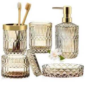 Glas Badezimmer Zubehör Set aus Gold, modernes Bad, vintage Geschenk für 5 Stück Glas Badezimmer Accessoires Set von Lotionspender, Seifenschale, Zahnbürstenhalter, Becher und Wattestäbchen