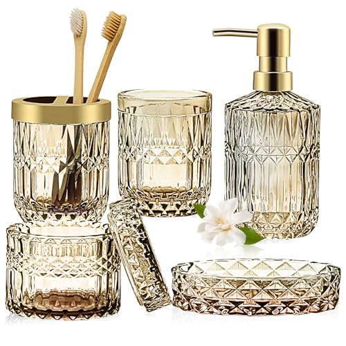 Glas Badezimmer Zubehör Set aus Gold, modernes Bad, vintage Geschenk für 5 Stück Glas Badezimmer Accessoires Set von Lotionspender, Seifenschale, Zahnbürstenhalter, Becher und Wattestäbchen