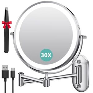 Kosmetikspiegel mit Beleuchtung, 30-facher Zoom, wiederaufladbare Batterie, ideal fürs Badezimmer oder die Schönheitssalon