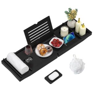 Badewannenablage aus Bambus, verstellbar und für Ipad und Bücher geeignet, inklusive Getränkehalter, Buchstütze und Weinglas