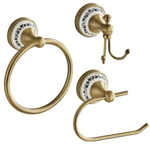Stilvolles 3er-Set für Badezimmer mit Porzellan-Antik-Messing, Toilettenpapierhalter, Handtuchring & Doppel-Haken, Vintage-Accessoires für Bad und WC