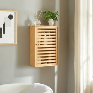 Hängender Badezimmerschrank aus natürlichem Bambus mit einer Tür und zwei Ablagefächer für Badutensilien, schmal und praktisch für jedes Badezimmerdekor