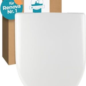 Antibakterieller WC Sitz für Keramag Renova Nr. 1, Toilettensitz mit Absenkautomatik, Duroplast Toilettendeckel, überlappende D-Form, Edelstahlscharnier, Klodeckel, Weiß