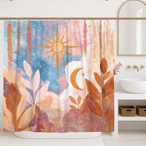 Celestial Duschvorhang mit Pfirsich-orange Muster, Sonne und Mond, wasserdichter Stoff für Badezimmer oder Gästezimmer, modernes Design für Frühling oder Sommer