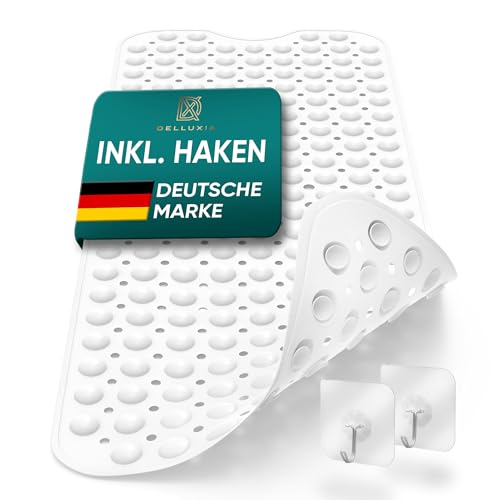 Rutschfeste Badewannenmatte von Delluxia, 100 x 40 cm, inkl. 2 Haken, antirutschmatte für badewanne, bpa frei, weiss