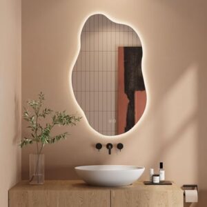 Modernes Badezimmer mit asymmetrischem Spiegel, Touch-Schalter und Dimmbarkeit, 85x52 cm