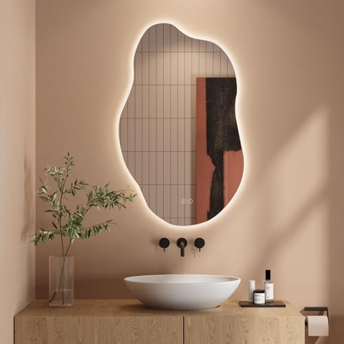 Modernes Badezimmer mit asymmetrischem Spiegel, Touch-Schalter und Dimmbarkeit, 85x52 cm