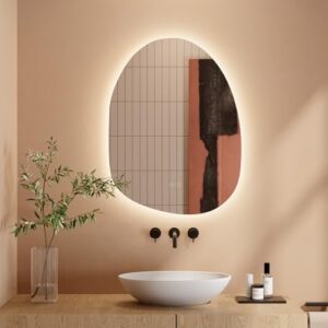 Dripex Badezimmerspiegel mit LED Beleuchtung, asymmetrischer Design, Touchschalter und Dimmbarkeit. Ideal für ein zeitloses Baddesign.