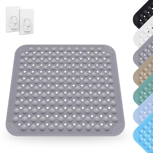 Rutschfeste Duschmatte 48 x 48 cm, Maschinenwaschbar, PVC Shower Mat Non Slip für Dusche und Sauna, Grau